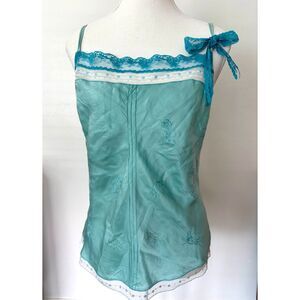 RARE Y2K Express 100% Silk Tank Top Aqua Blue Lace Beads Sequins Sz L Fairycore